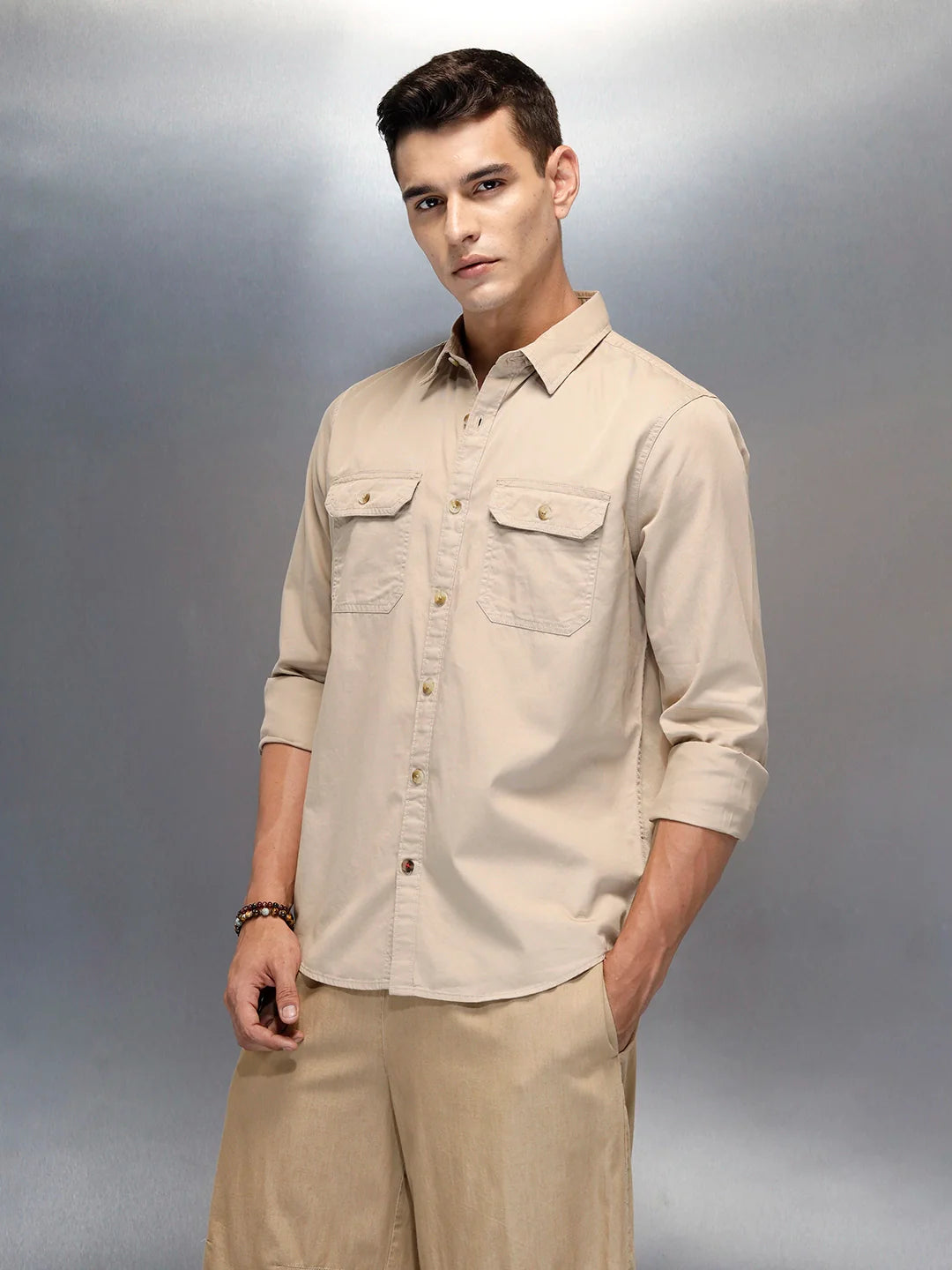 Men's Casual Cargo Double Pocket Shirt | Beige