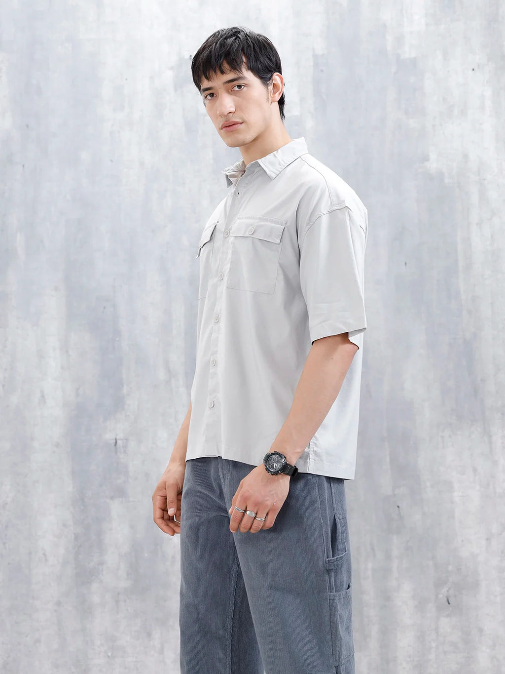 Wrogn Men's Oversized Plus Double Pocket Shirt | Grey