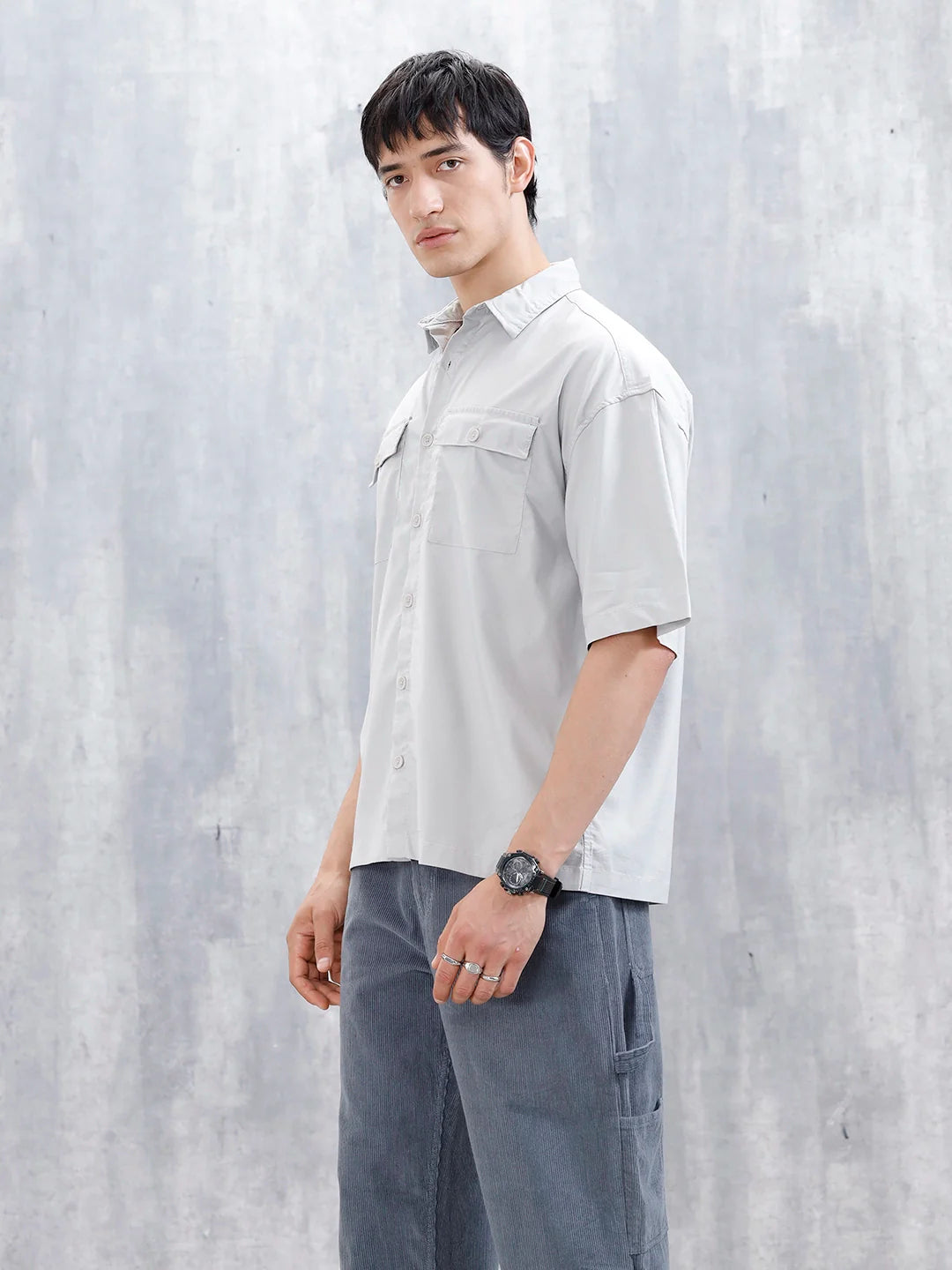 Wrogn Men's Oversized Plus Double Pocket Shirt | Grey
