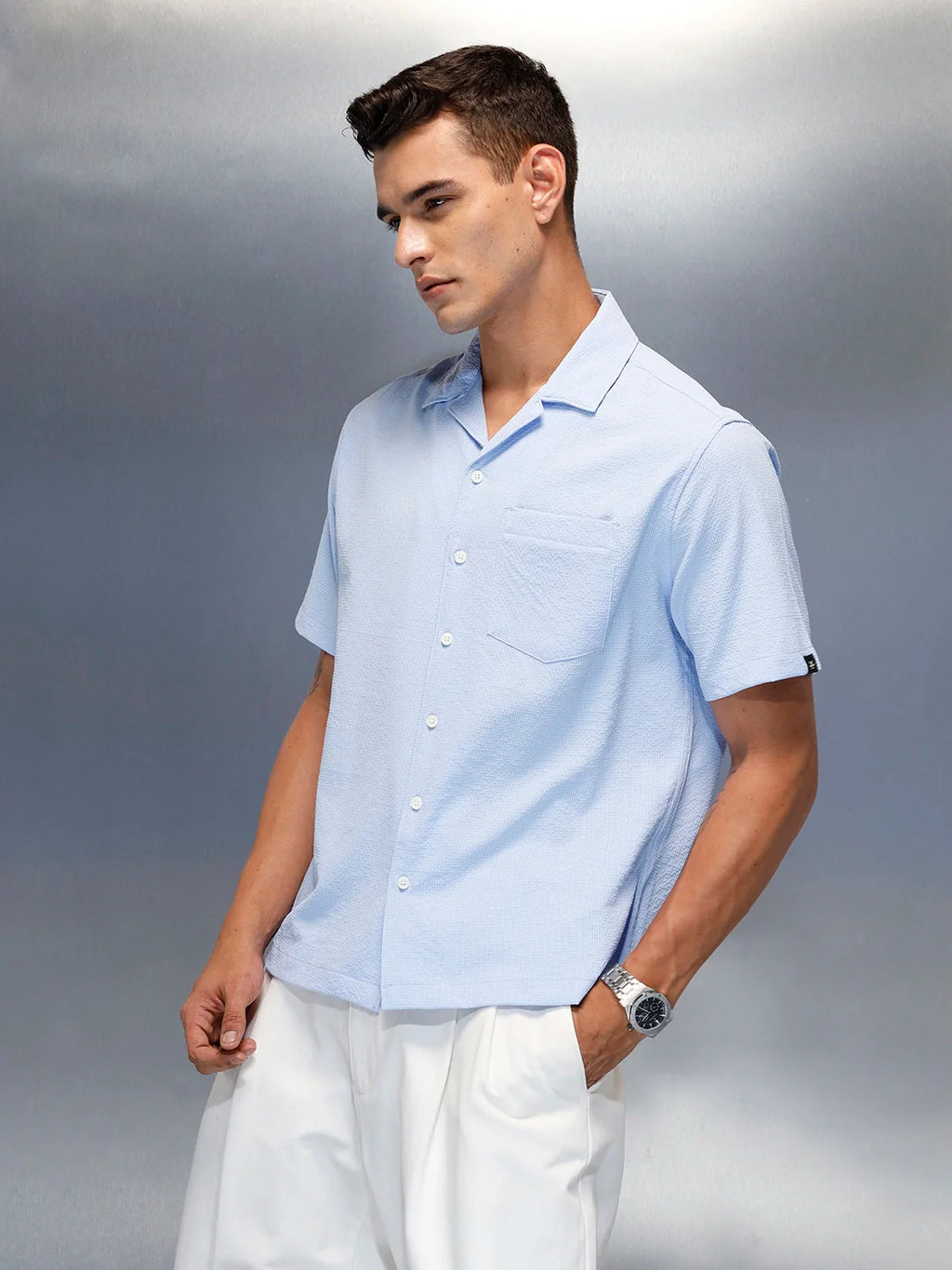 Textured Men's Casual Resort Collar Shirt | Blue