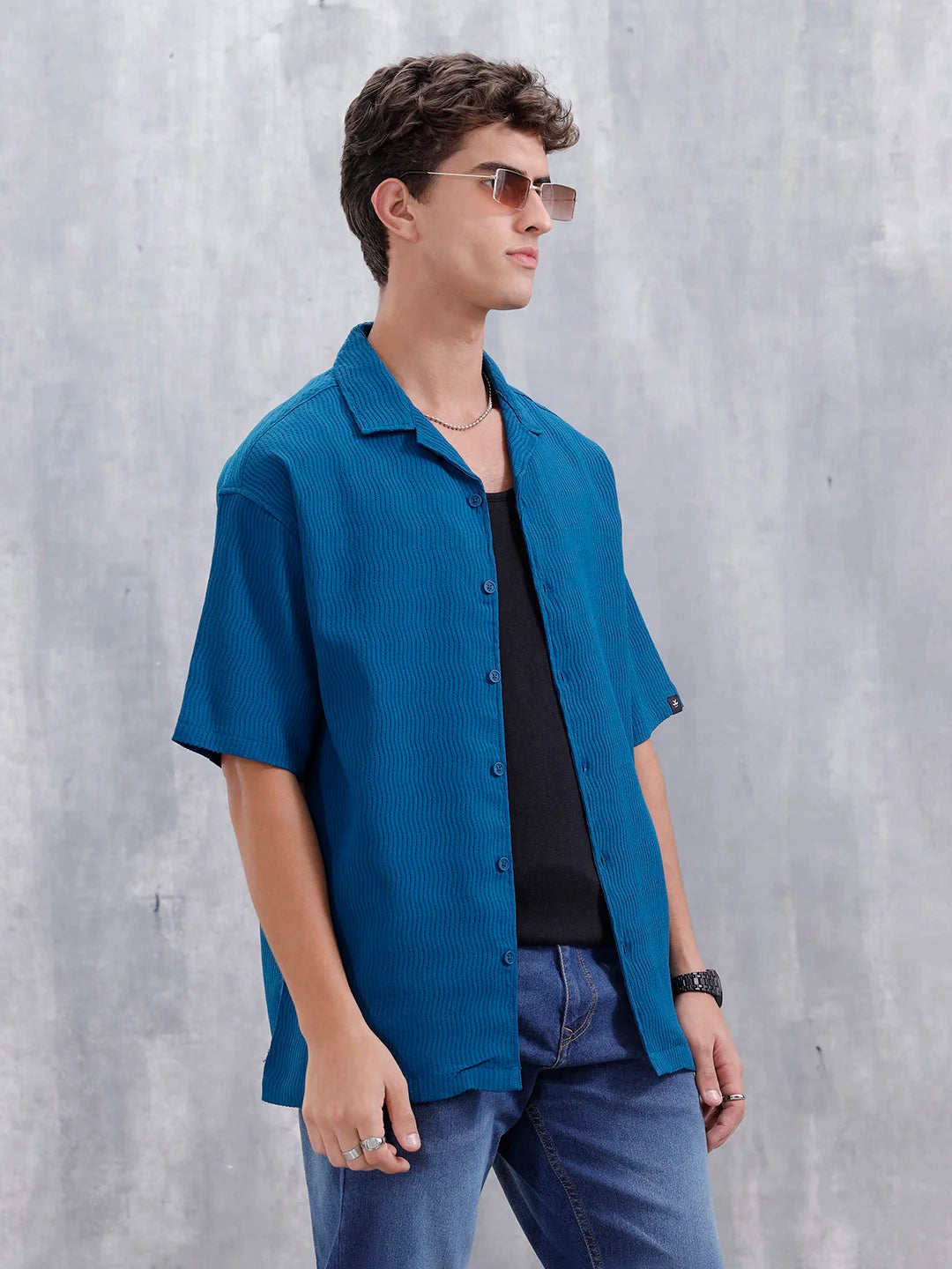 Men's Solid Self Structured Oversized Fit Resort Shirt | Teal