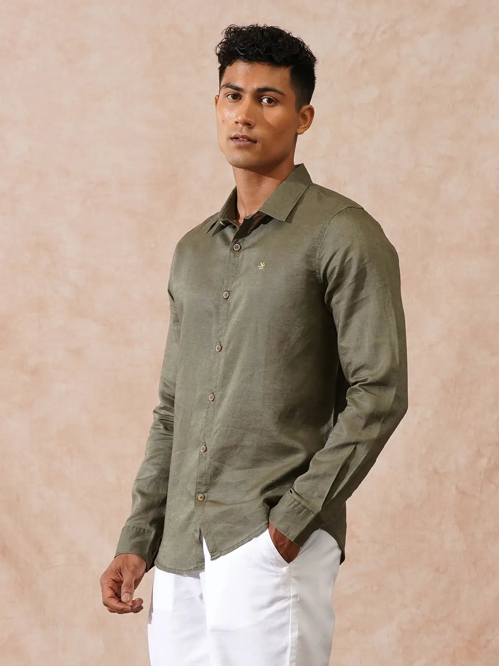 Solid Linen Blend Shirt | Olive
