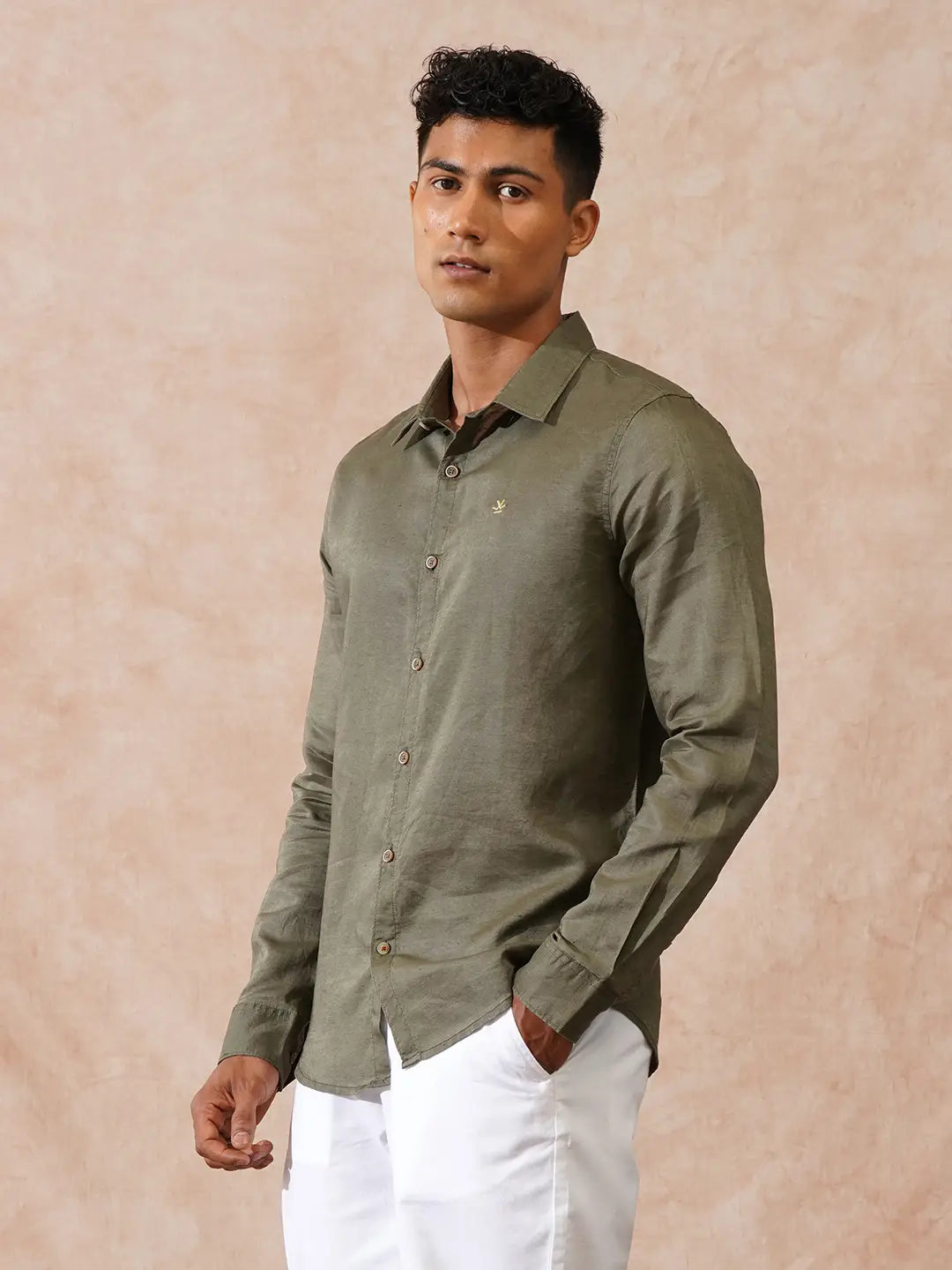Solid Linen Blend Shirt | Olive