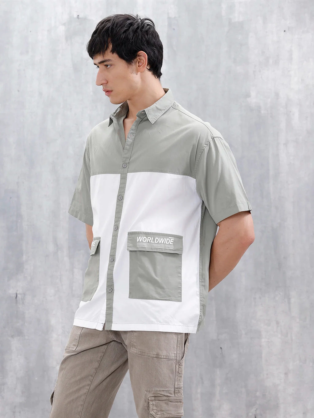 Oversized Fit Colourblock Shirt With Contrast Utility Pockets | White And Grey