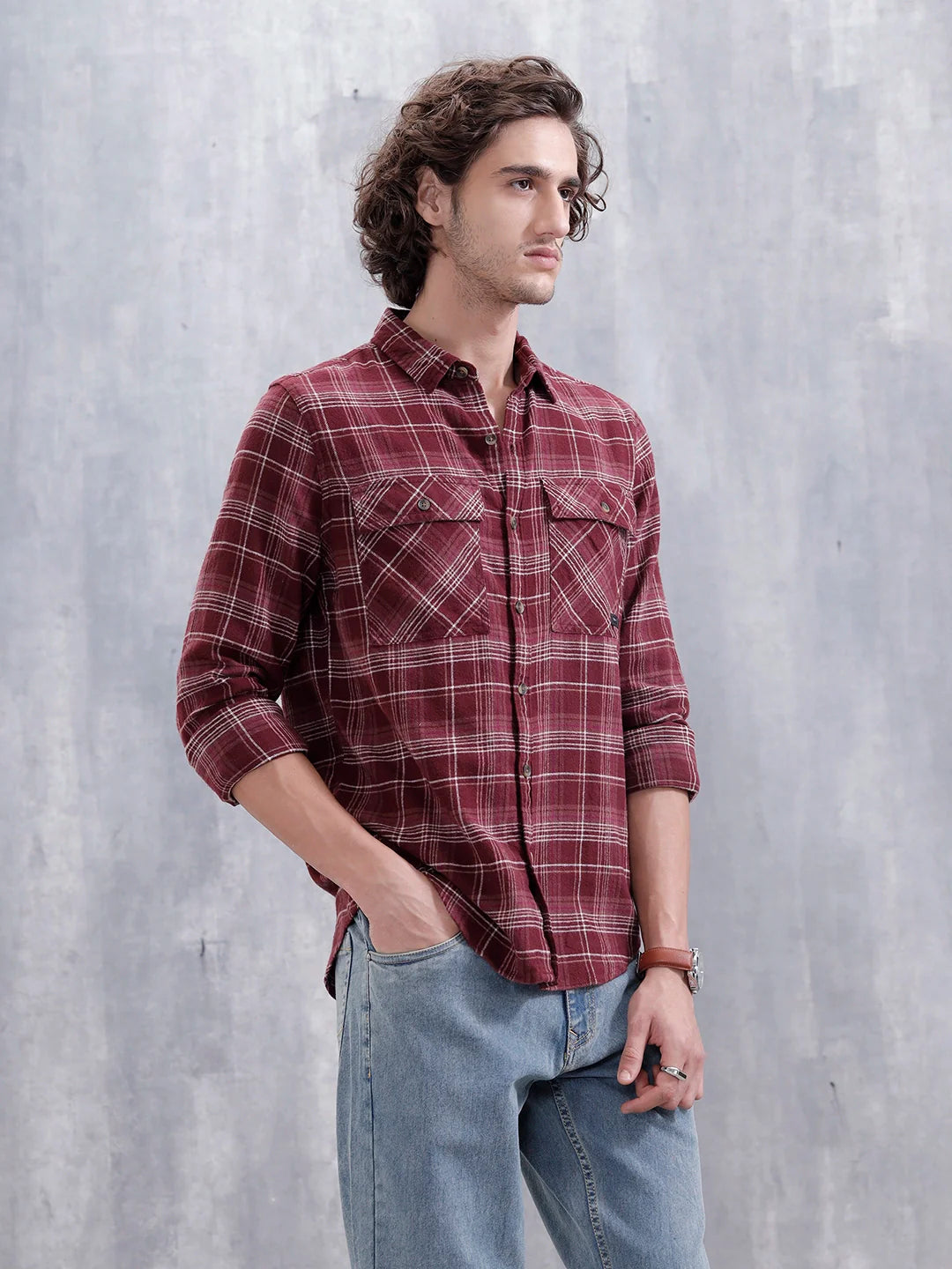 Men’s Double Pocket Checkered Pattern Shirt | Maroon