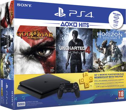 SONY PS4 500 GB with Horizon Zero Dawn, Uncharted 4 and God of War III: Remastered (Jet Black)