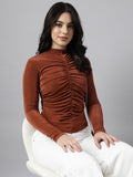 Women's Rust Ruched High Neck Fitted Top
