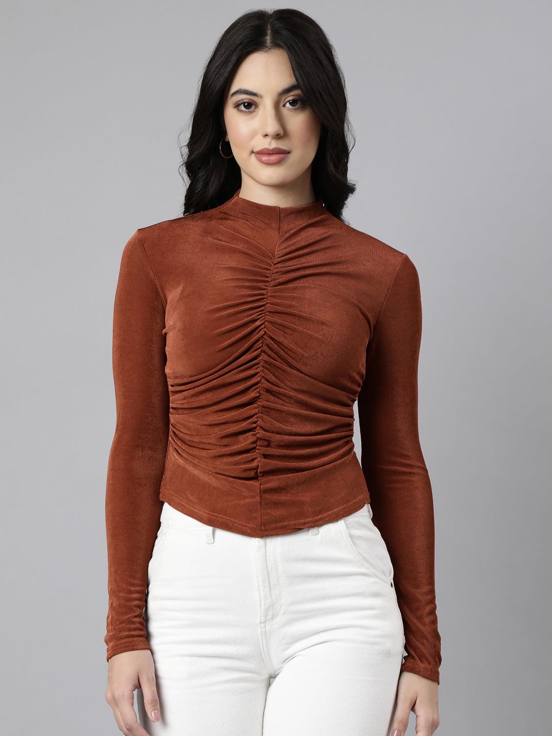 Women's Rust Ruched High Neck Fitted Top