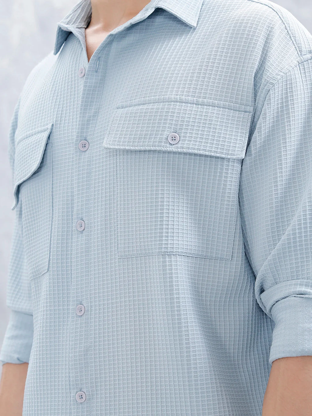 Wrogn Oversized Textured Short Sleeve Shirt With Utility Pockets | Blue