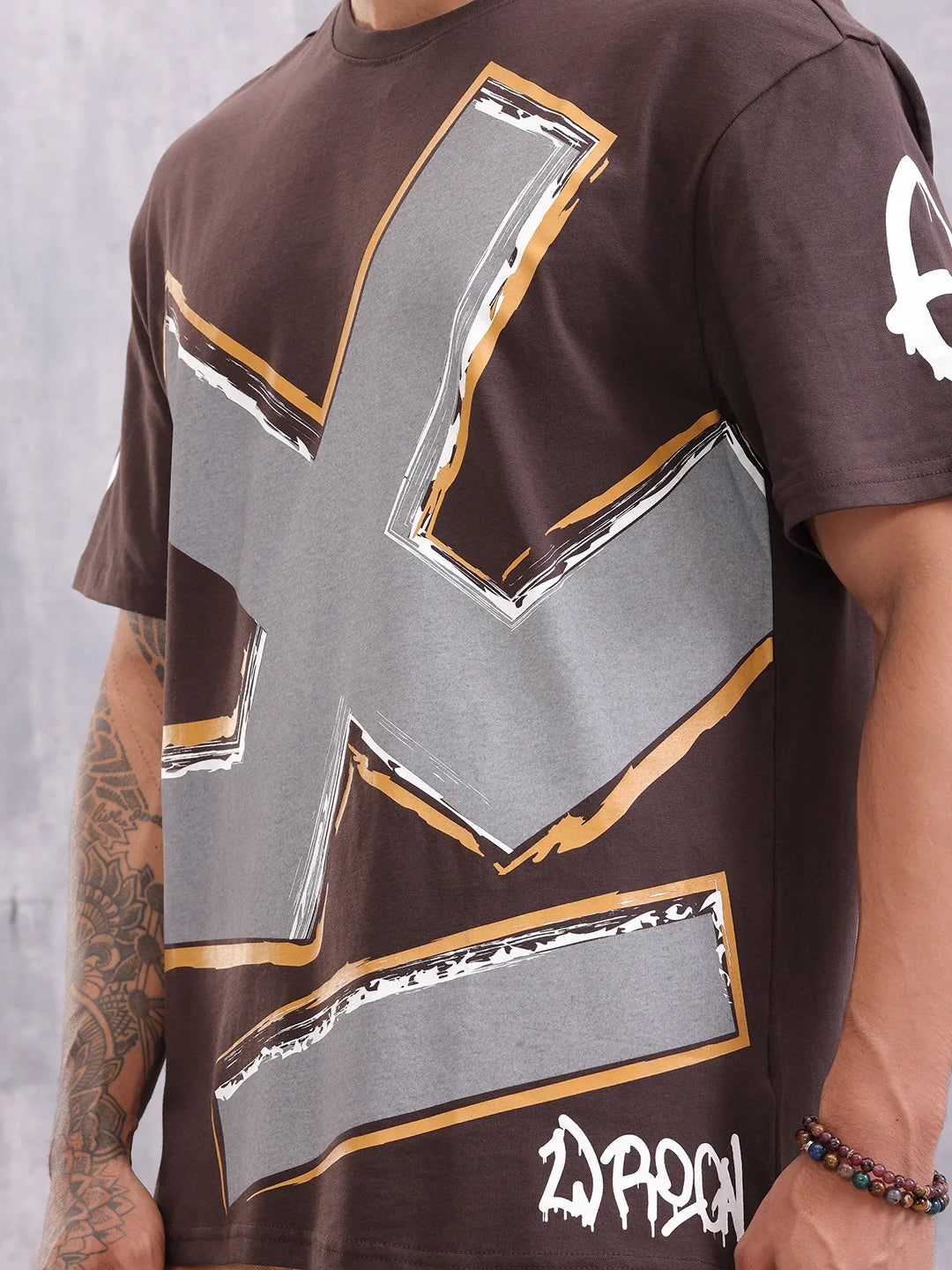 Grafitti Inspired Logo Placement Print Oversized Fit T-Shirt | Brown
