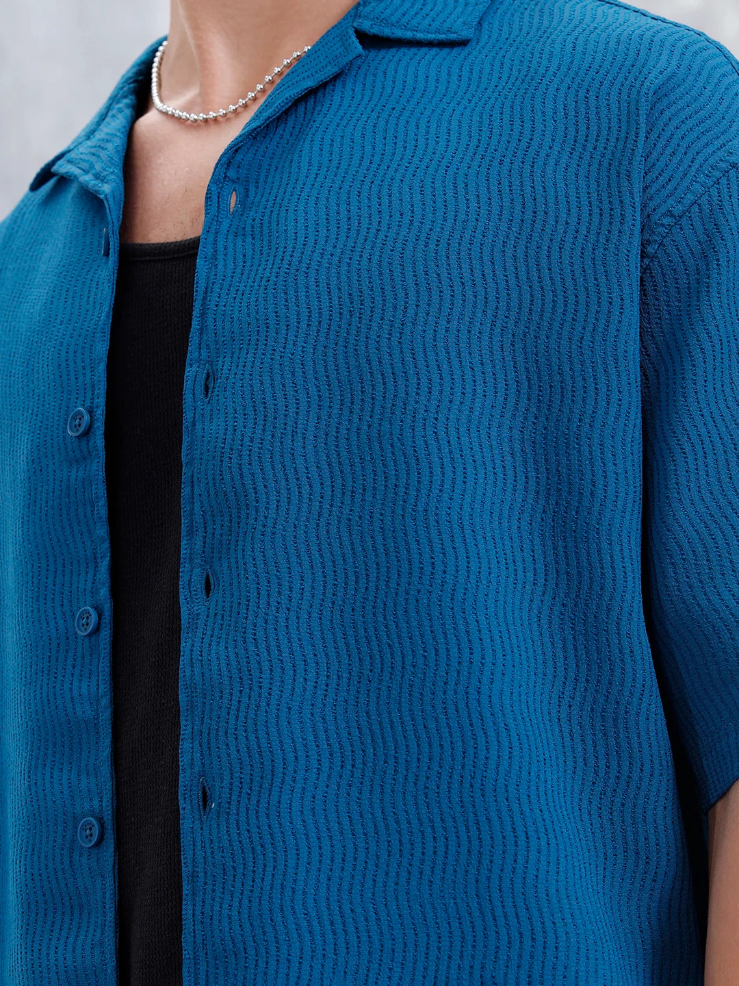 Men's Solid Self Structured Oversized Fit Resort Shirt | Teal
