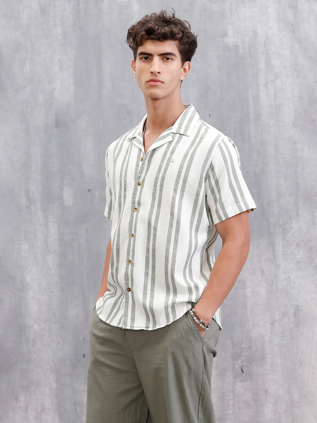 Textured Stripe Shirt In Resort Collar | Green