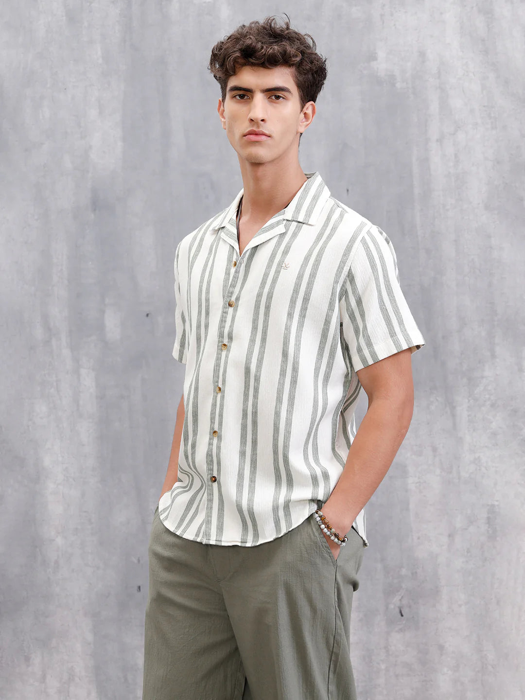 Textured Stripe Shirt In Resort Collar | Green