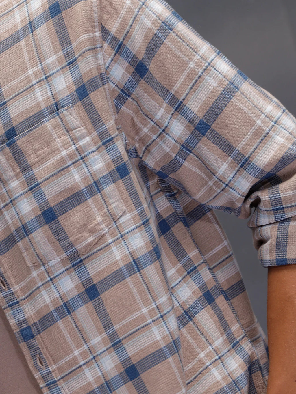 Textured Comfort Fit Checkered Pattern Shirt With Branding | Khaki