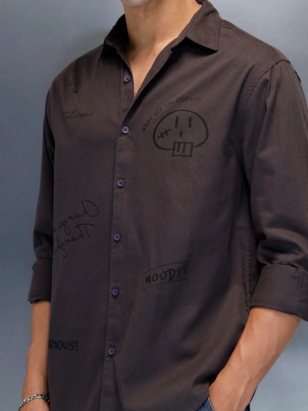 Men's Casual Regualr Fit Shirt With Placement Print | Dark Grey