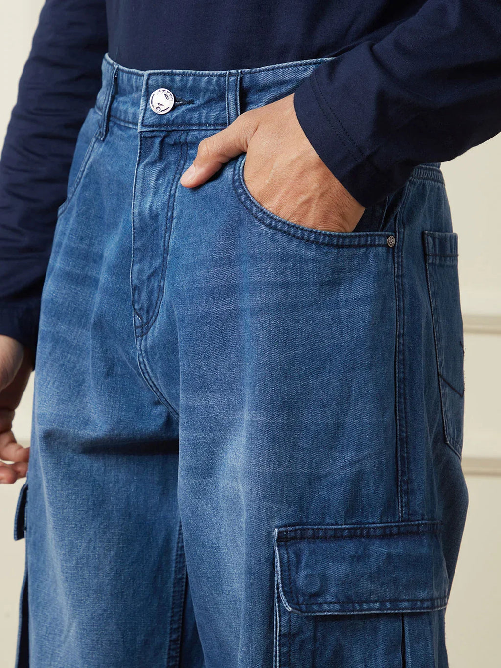 Faded Loose Fit Denim Cargo | Blue