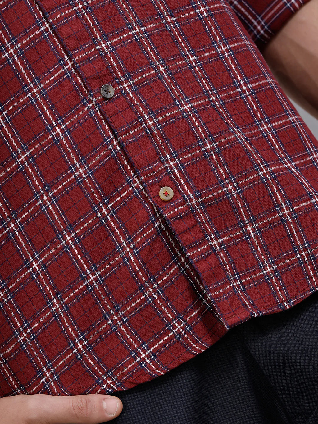 Textured Cotton Dobby Check Shirt | Red