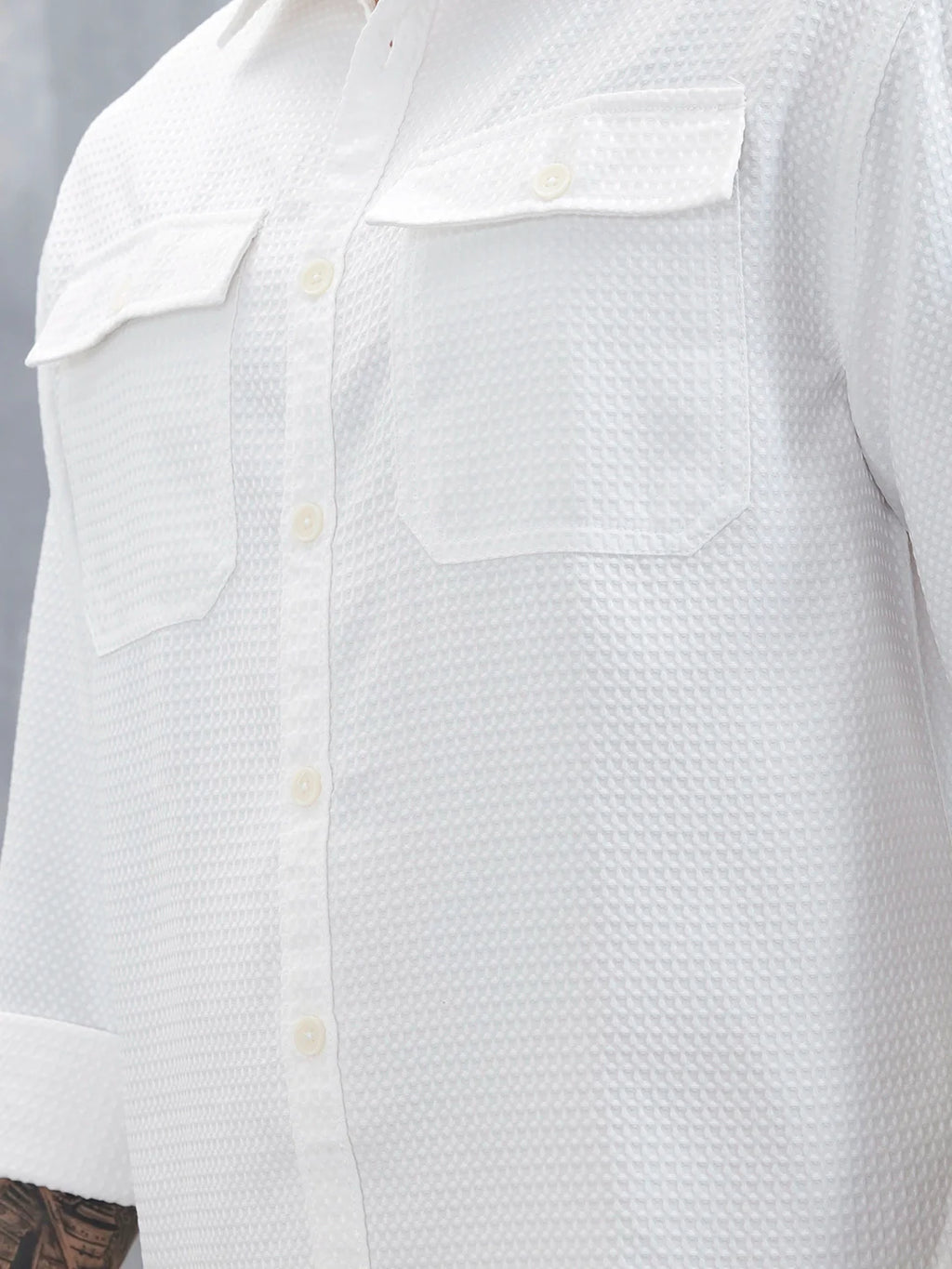 Wrogn Oversized Double Pocket Textured Shirt For Men's | Off White