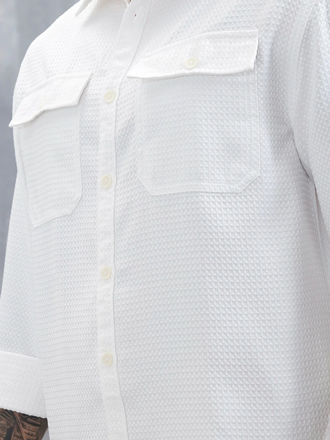 Wrogn Oversized Double Pocket Textured Shirt For Men's | Off White