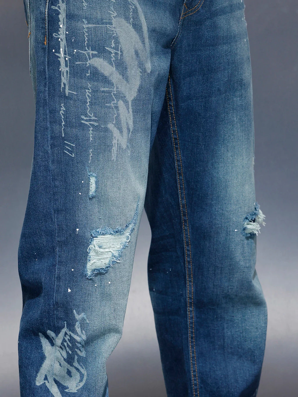 Men’s Rugged Wash Denim with Paint Splatter | Med Stone