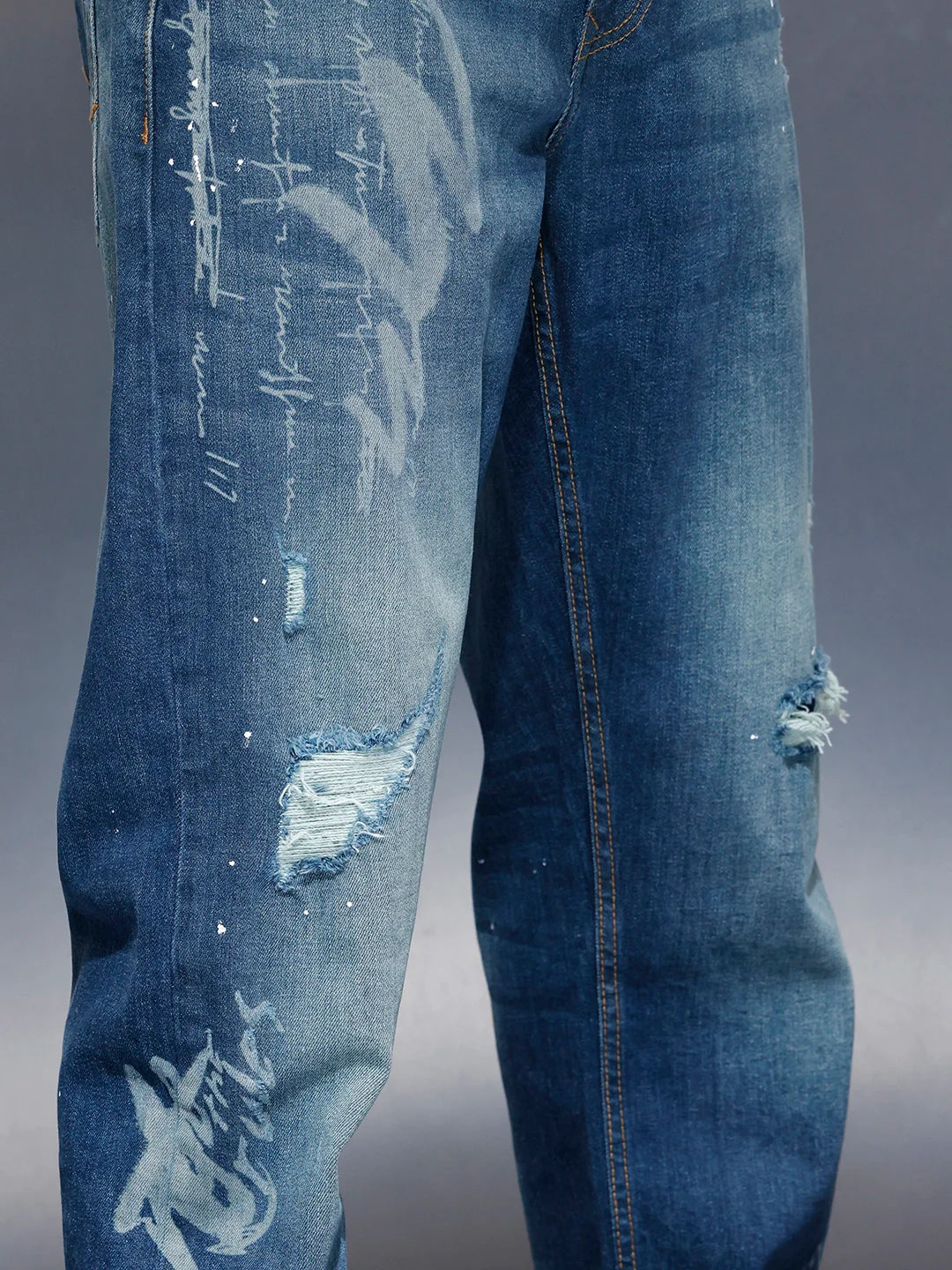 Men’s Rugged Wash Denim with Paint Splatter | Med Stone