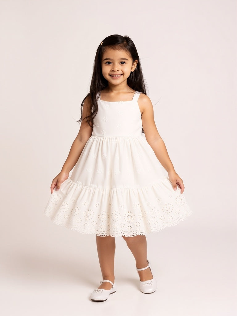 Utsa Kids White Schiffli Detailed Cotton Tiered Dress - (2-8yrs)