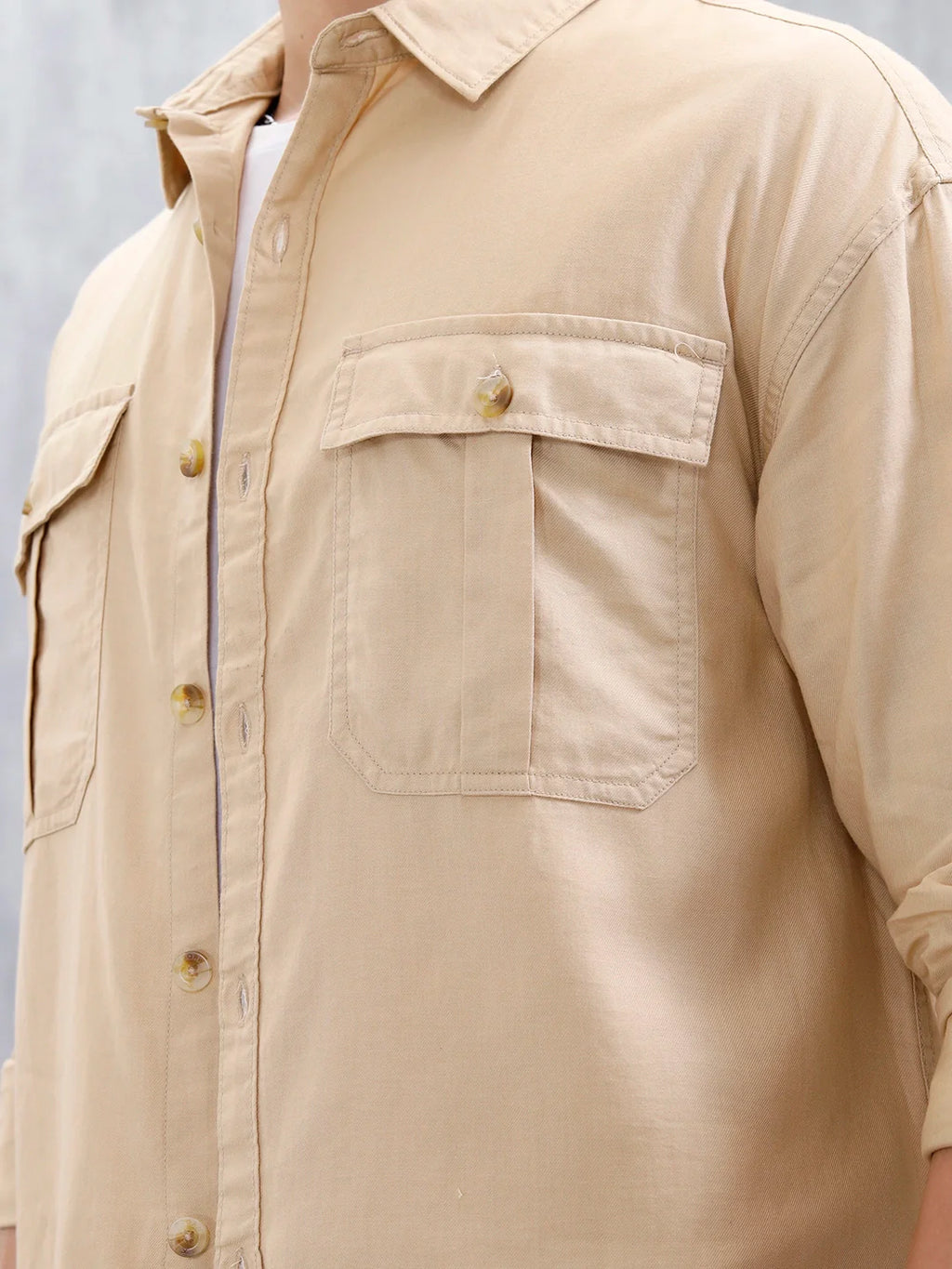 Oversized Fit Solid Shirt With Double Flap Pockets | Beige