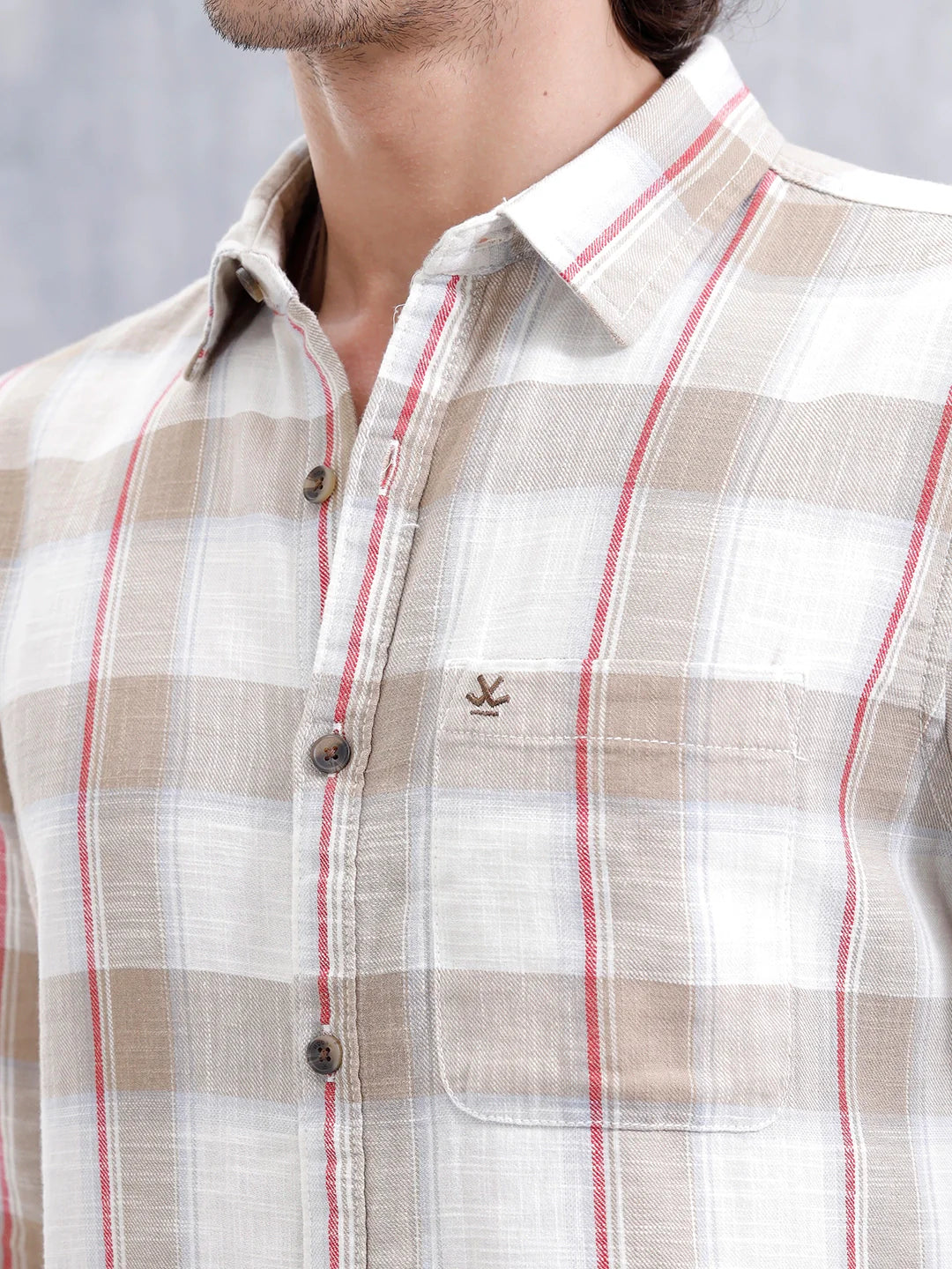 Cotton Twill Slub Checks Slim Fit Shirt | Beige