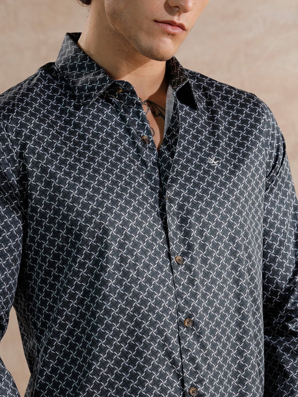 Printed Satin Slim Fit Shirt | Black