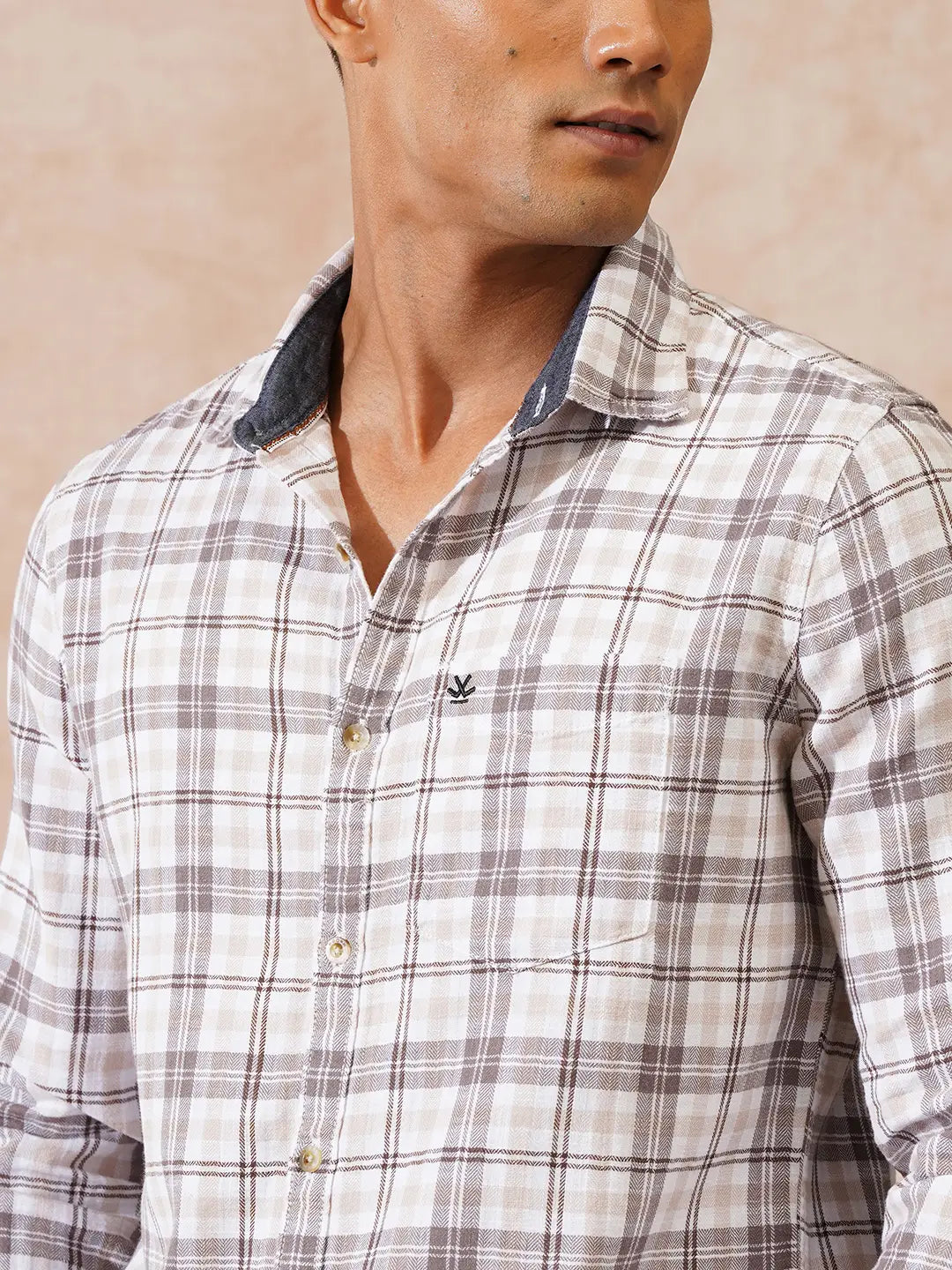 Herringbone Checks Slim Fit Shirt | Beige