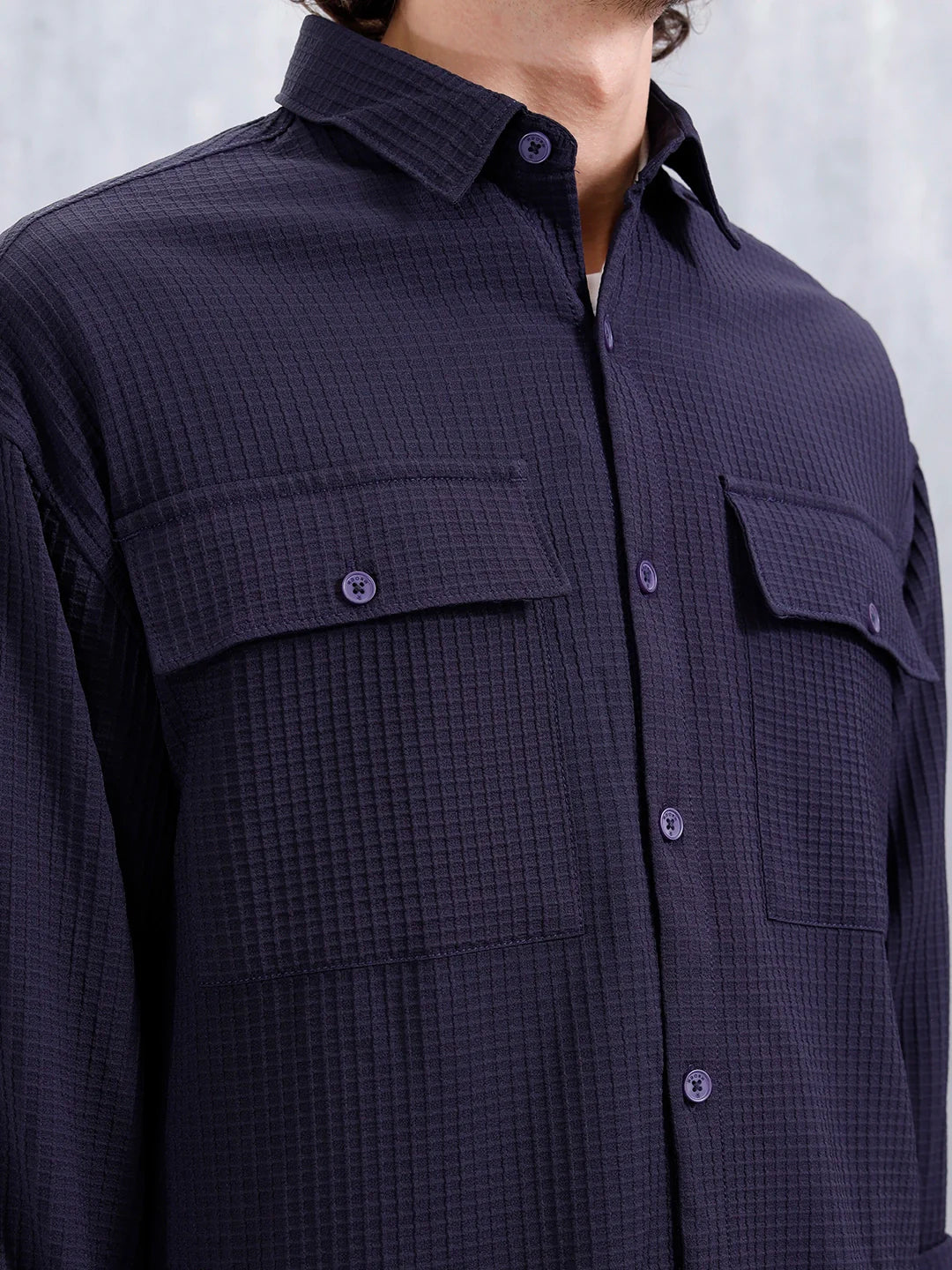 Men's Casual Solid Double Pocket Oversized Fit Shirt | Black