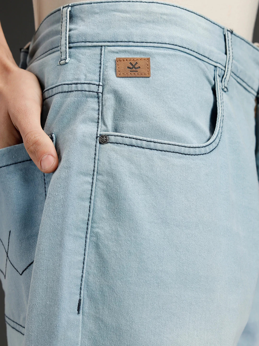 Wrogn Men's Casual Straight Fit Jeans with Contrast Stitch Detail | Light Blue