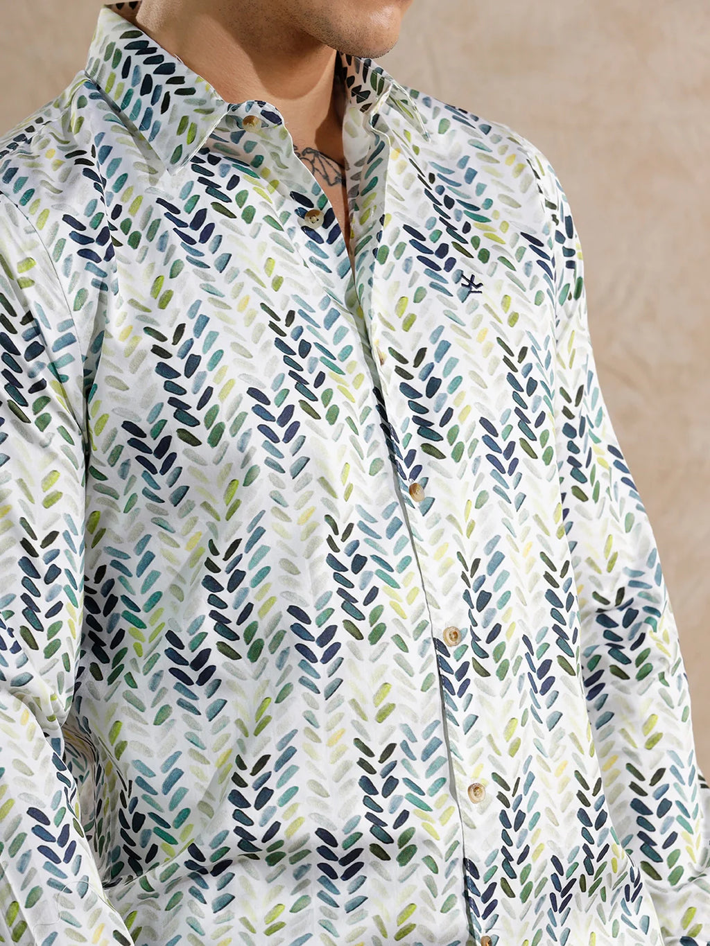 Printed Satin Slim Fit Shirt | White