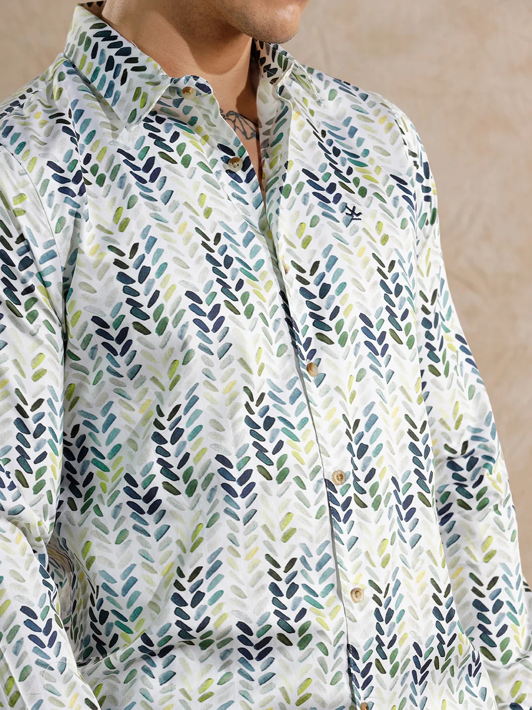 Printed Satin Slim Fit Shirt | White