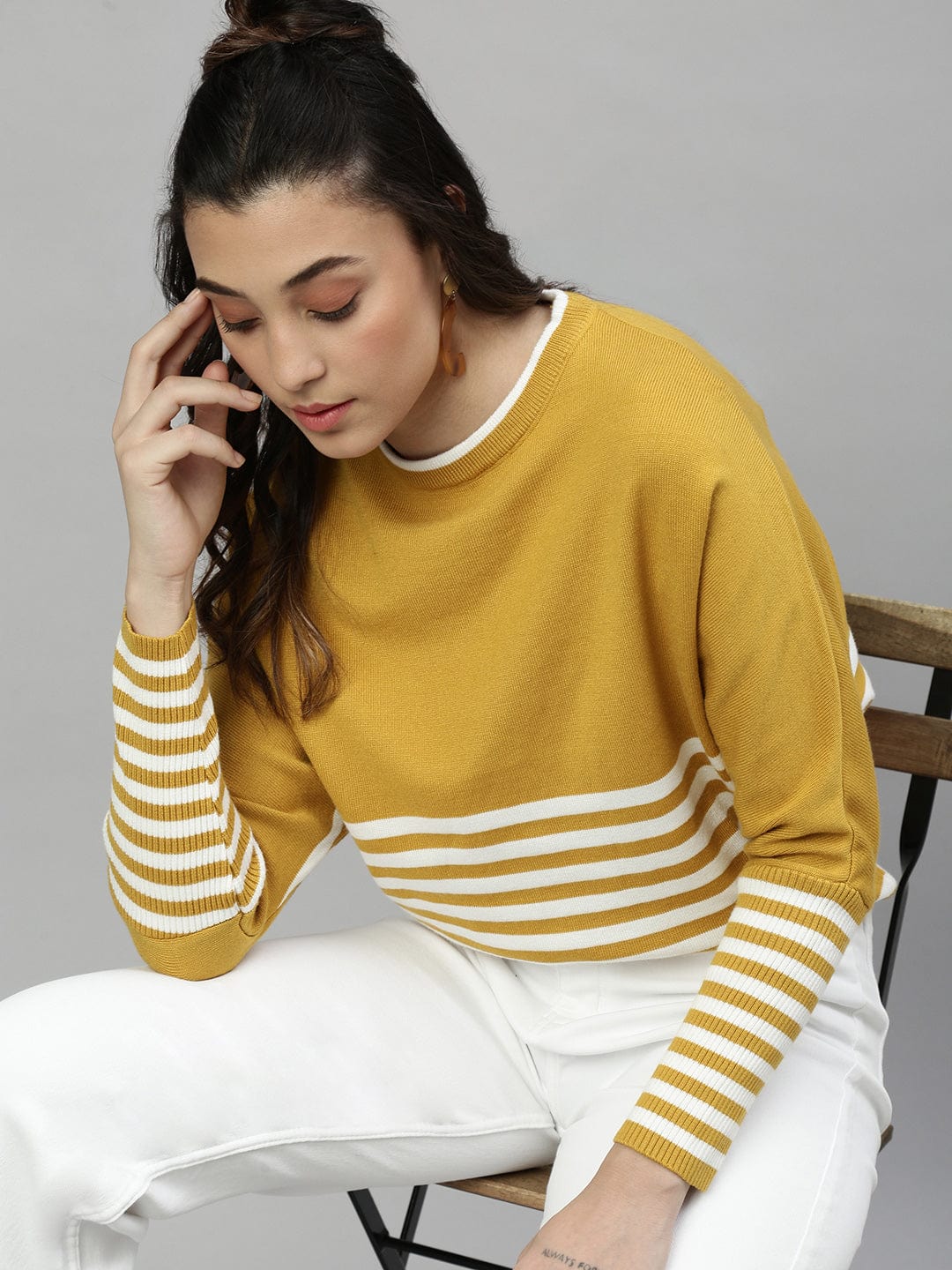 Women's Mustard Horizontal Striped Round Neck Acrylic Top