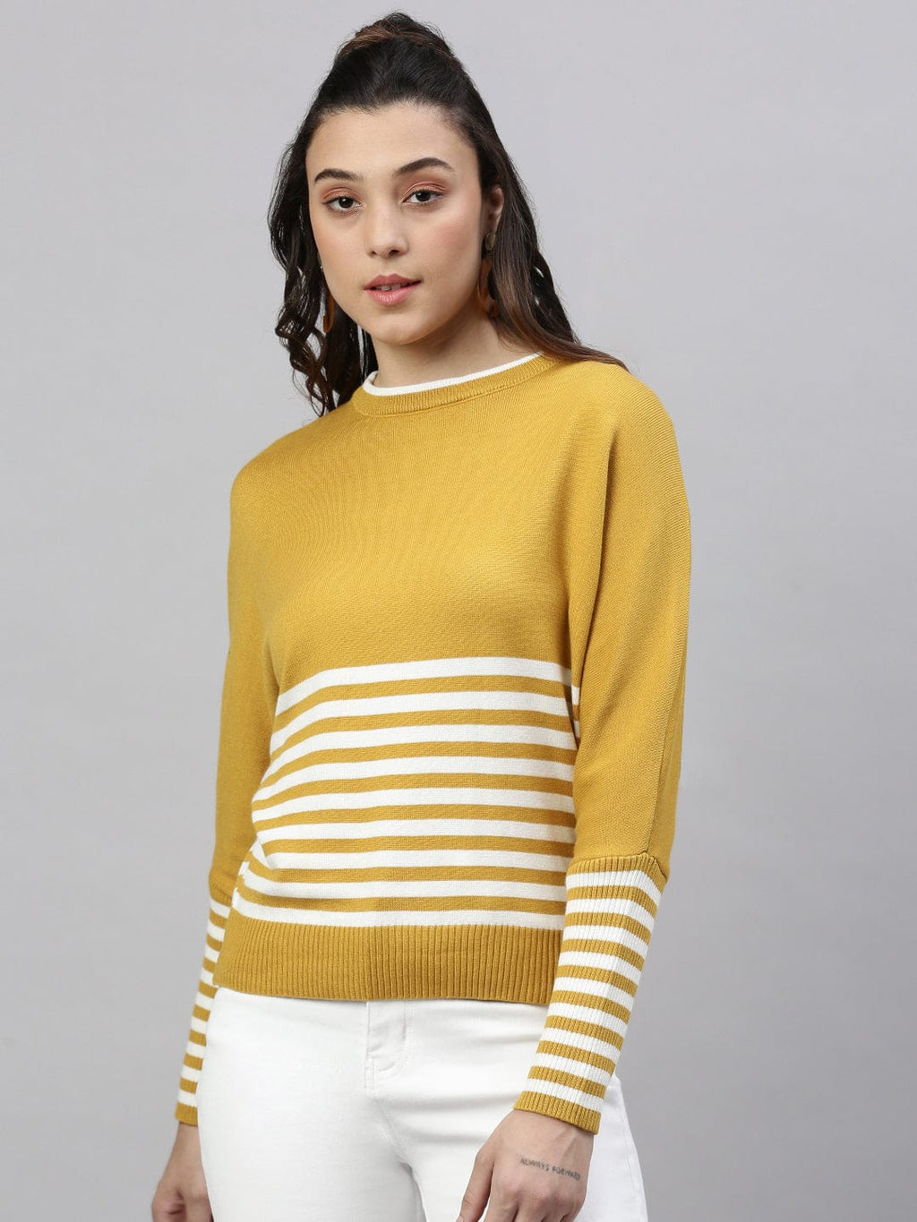 Women's Mustard Horizontal Striped Round Neck Acrylic Top