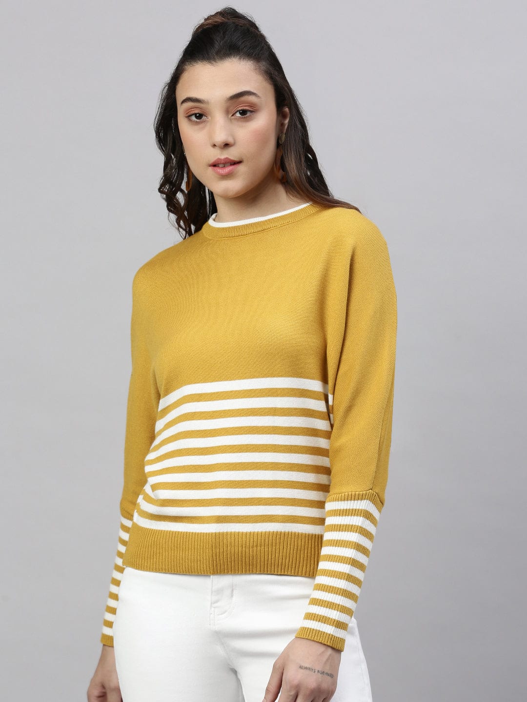 Women's Mustard Horizontal Striped Round Neck Acrylic Top