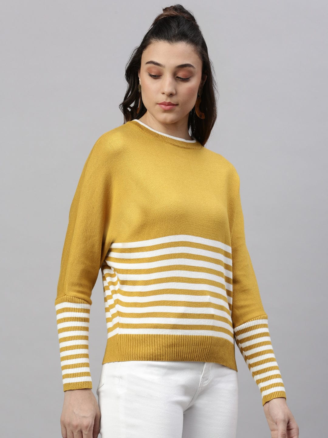 Women's Mustard Horizontal Striped Round Neck Acrylic Top