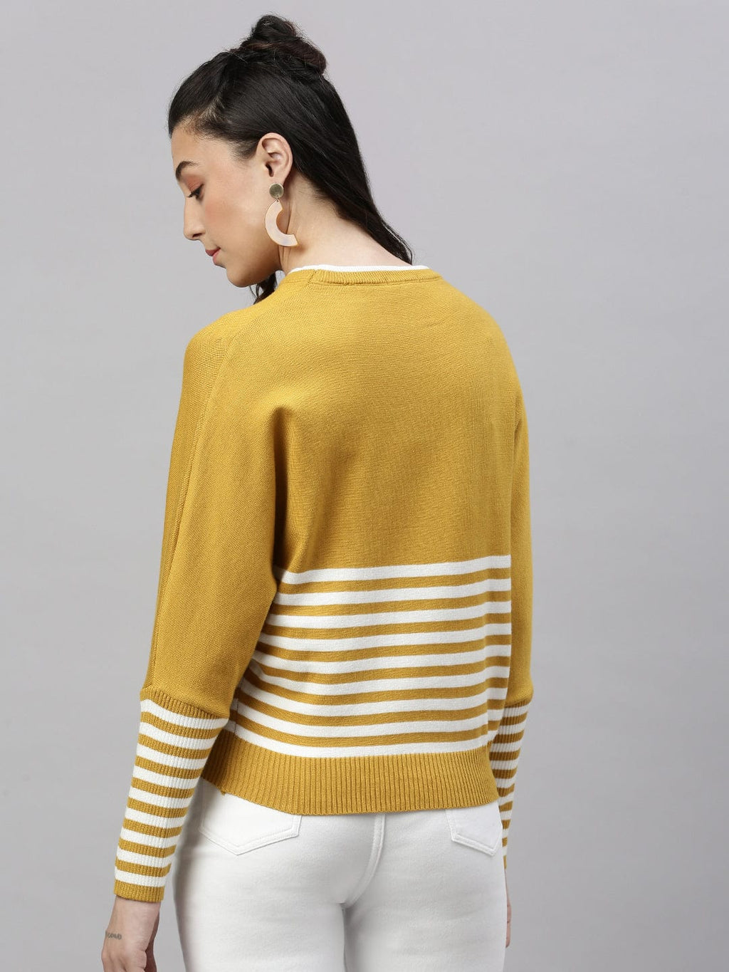 Women's Mustard Horizontal Striped Round Neck Acrylic Top