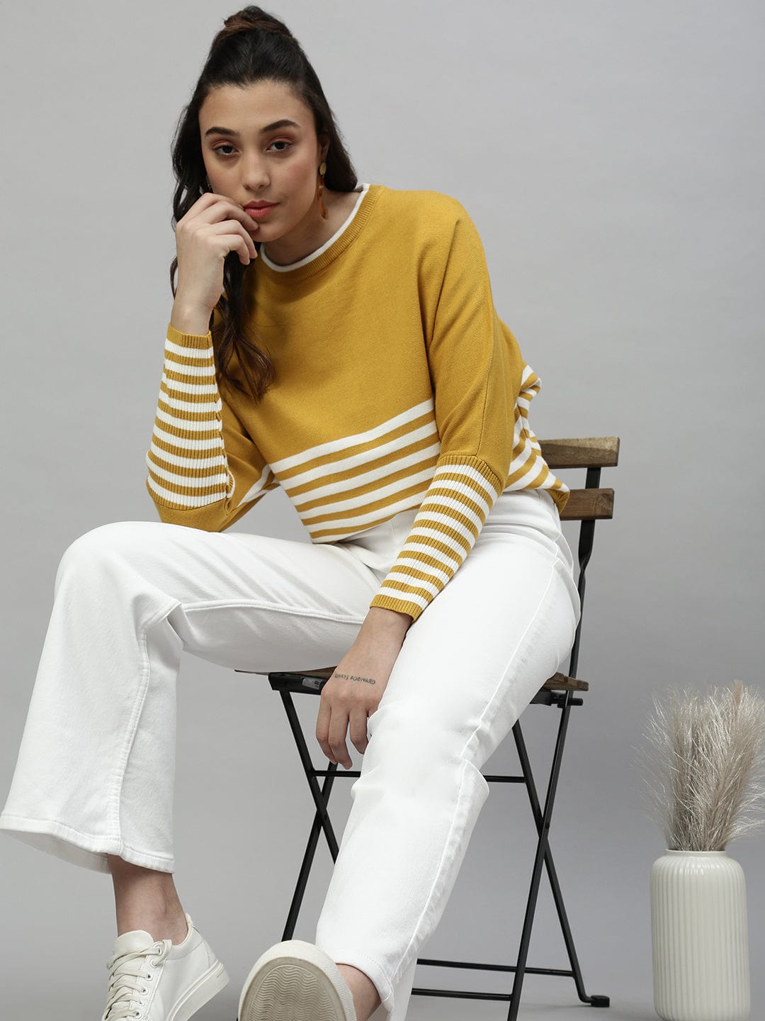 Women's Mustard Horizontal Striped Round Neck Acrylic Top
