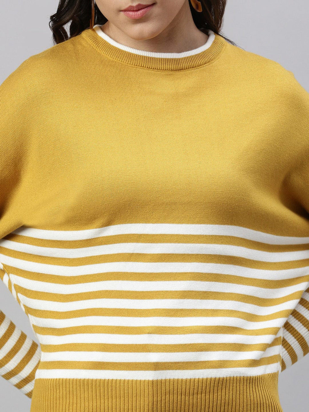 Women's Mustard Horizontal Striped Round Neck Acrylic Top