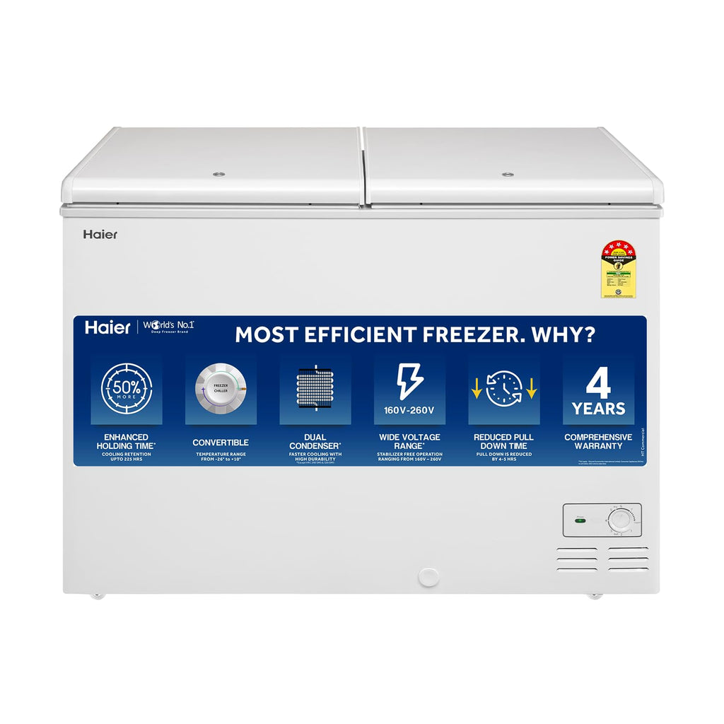 Haier 301 L Double Door Standard Deep Freezer  (White, Convertible Freezer, HFC-320DM5, 5 Star)