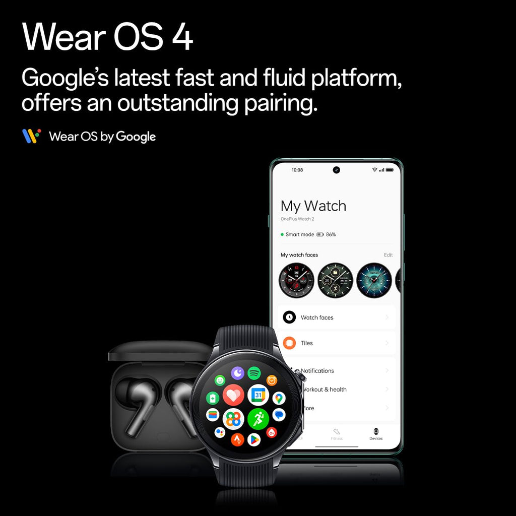 OnePlus Watch 2 with Wear OS 4,Snapdragon W5 Chipset,Upto 100hrs battery life,1.43’’ AMOLED Display,Stainless Steel & Sapphire Crystal build,Dual Frequency GPS,5 ATM, IP68 & BT Calling