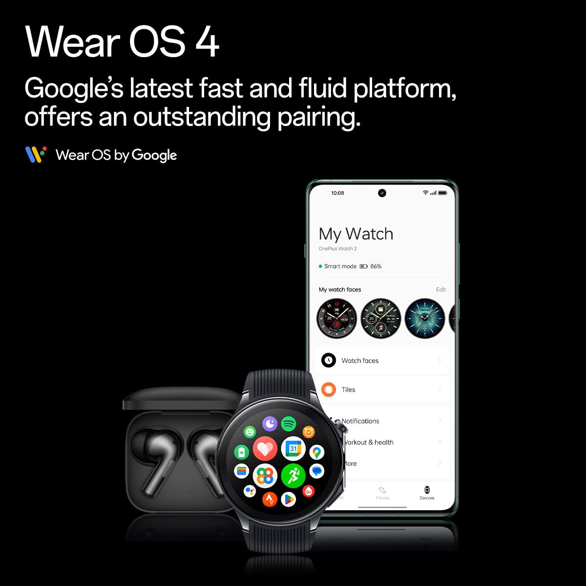 OnePlus Watch 2 with Wear OS 4,Snapdragon W5 Chipset,Upto 100hrs battery life,1.43’’ AMOLED Display,Stainless Steel & Sapphire Crystal build,Dual Frequency GPS,5 ATM, IP68 & BT Calling