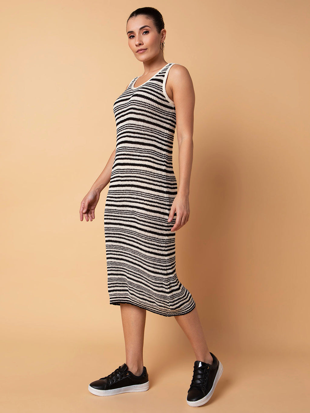 Women's Striped Black Midi A-Line Dress