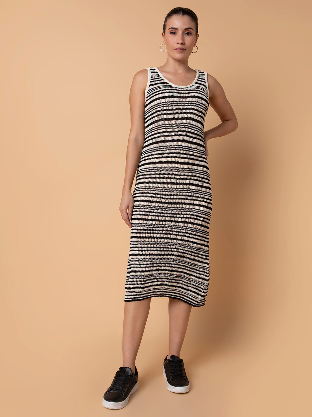 Women's Striped Black Midi A-Line Dress
