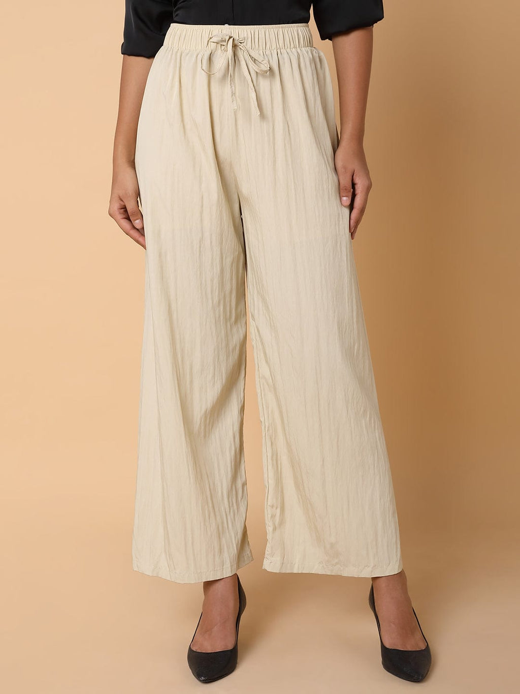 Women's Cream Striped Comfort Straight Fit Pleated Parallel Trousers