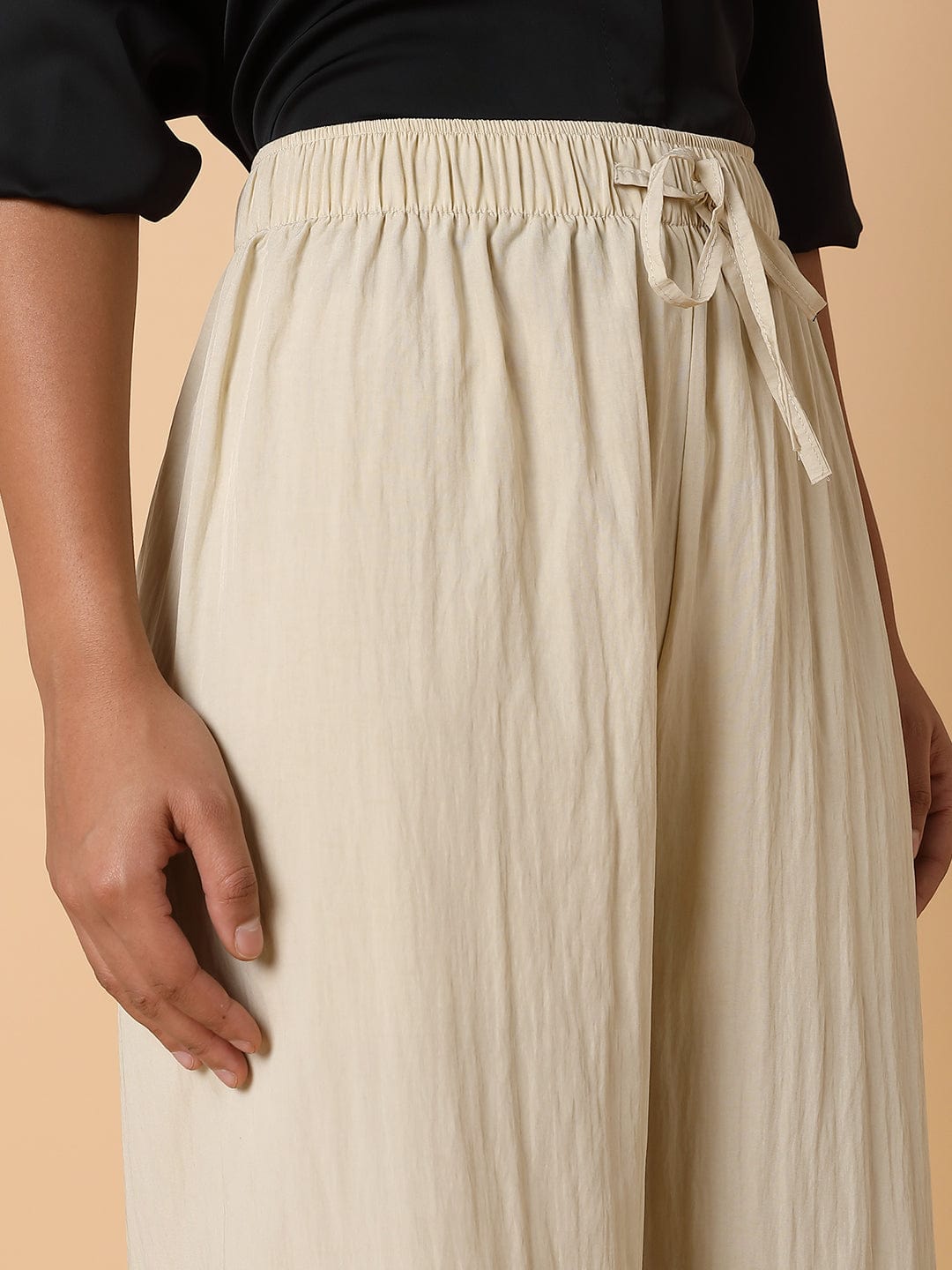 Women's Cream Striped Comfort Straight Fit Pleated Parallel Trousers