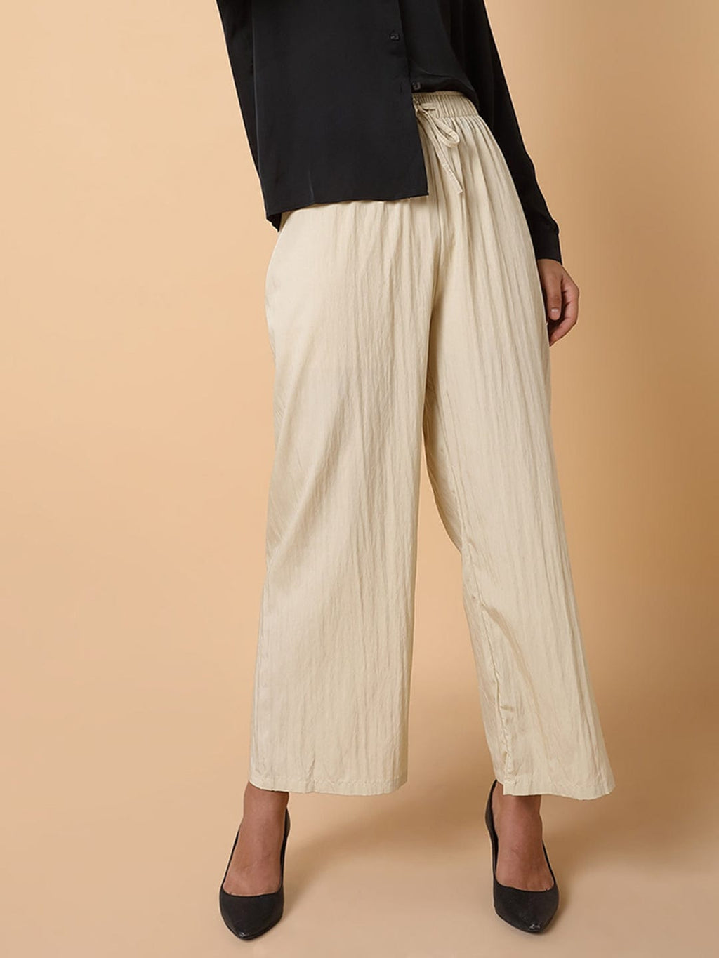 Women's Cream Striped Comfort Straight Fit Pleated Parallel Trousers