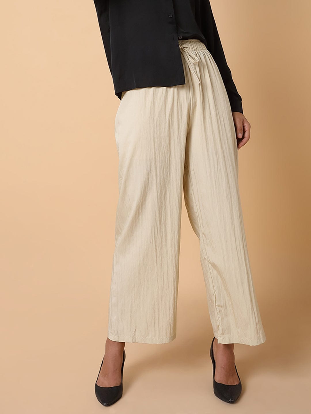 Women's Cream Striped Comfort Straight Fit Pleated Parallel Trousers